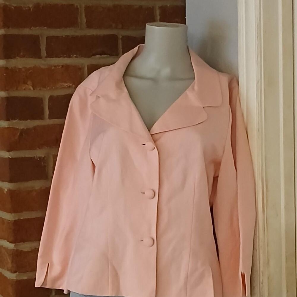 Jessica Howard Pink Linen Blazer, Womens 12, 3/4 Sleeves Button Closure Cropped